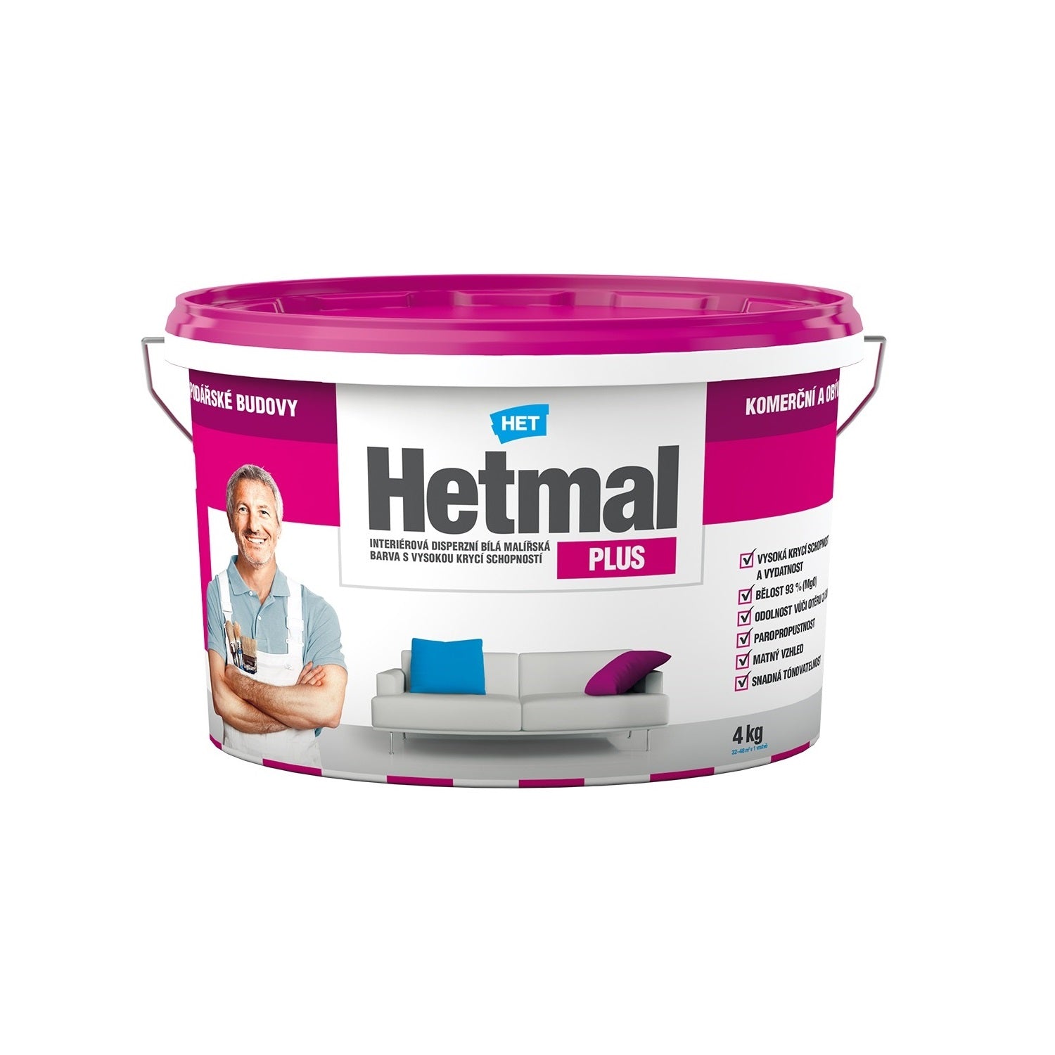 HET Hetmal PLUS interiérová akrylátová biela farba s vysokou krycou schopnosťou 1,5 kg
