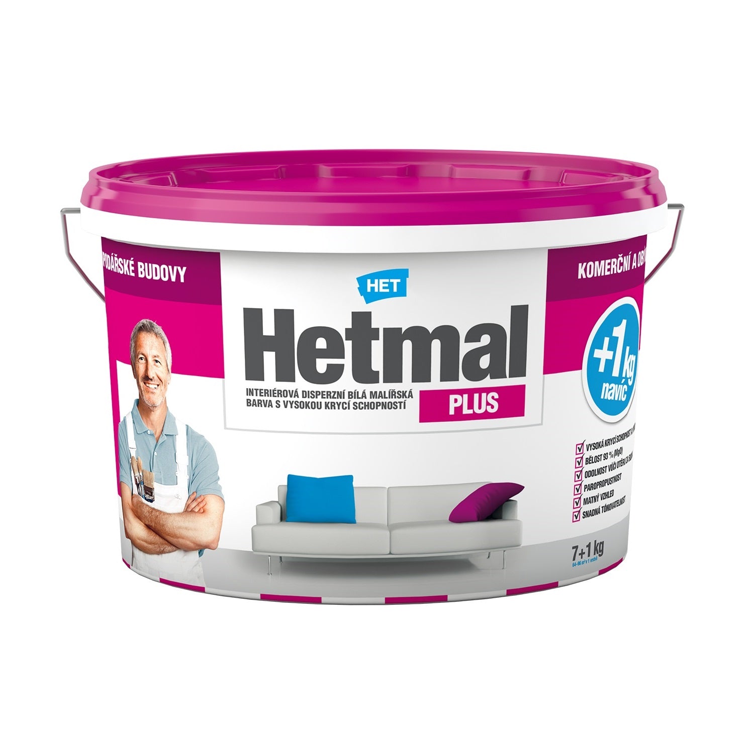 HET Hetmal PLUS interiérová akrylátová biela farba s vysokou krycou schopnosťou 7 kg + 1 kg zdarma