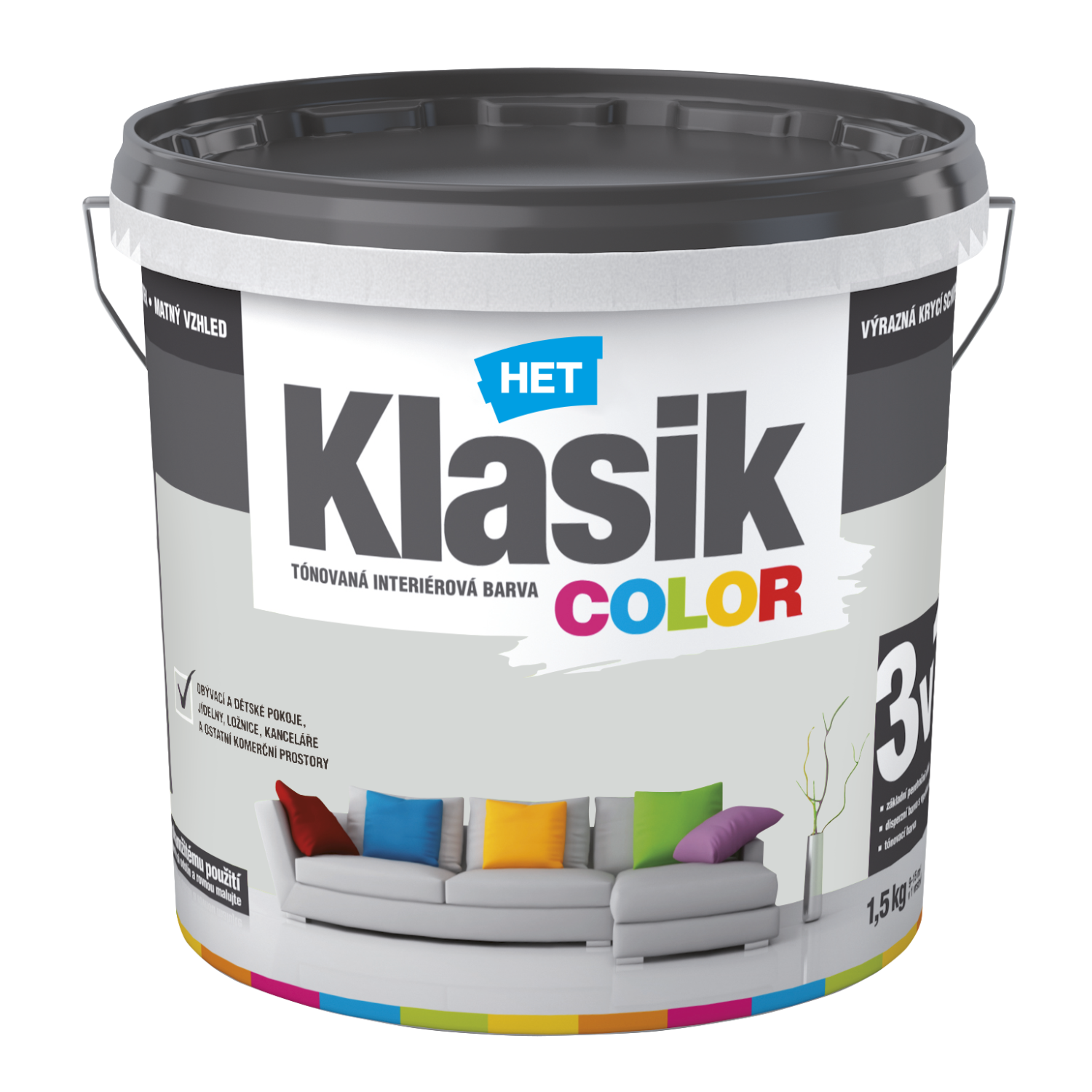 HET Klasik COLOR tónovaná interiérová akrylátová disperzná oteruvzdorná farba 1,5 kg, KC0117 - šedý platinový
