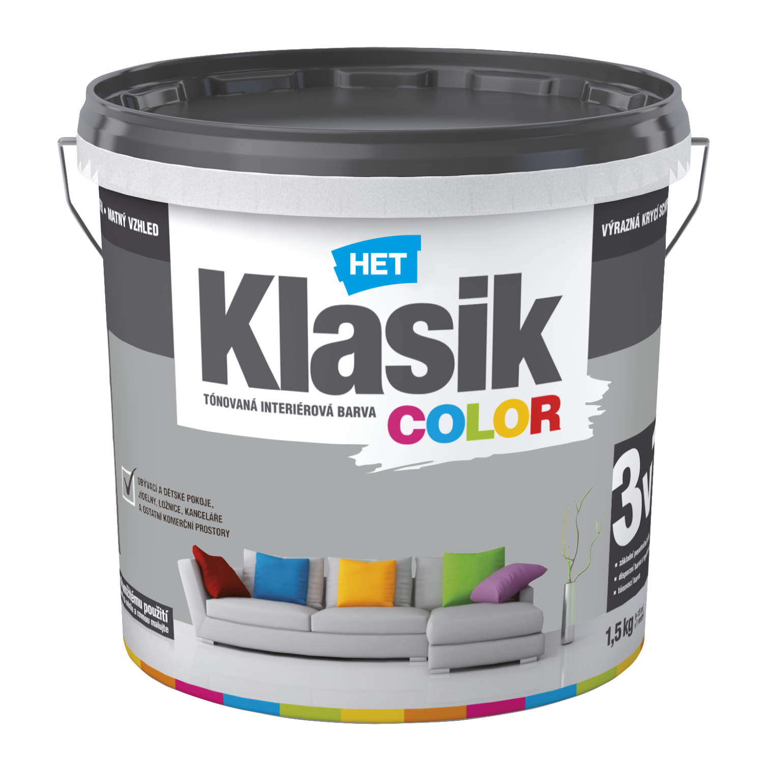 HET Klasik COLOR tónovaná interiérová akrylátová disperzná oteruvzdorná farba 1,5 kg, KC0147 - šedý bridlicový