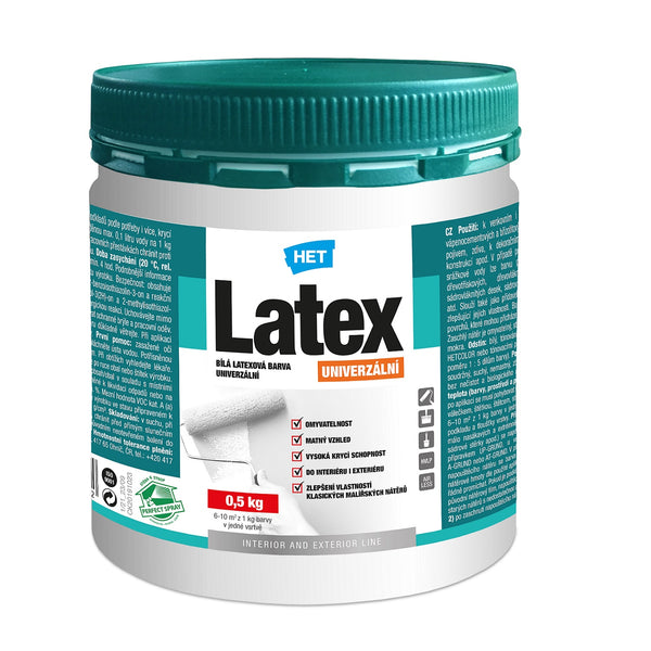 HET Latex UNIVERZÁLNY biela latexová umývateľná farba do interiéru a exteriéru 0,5 kg