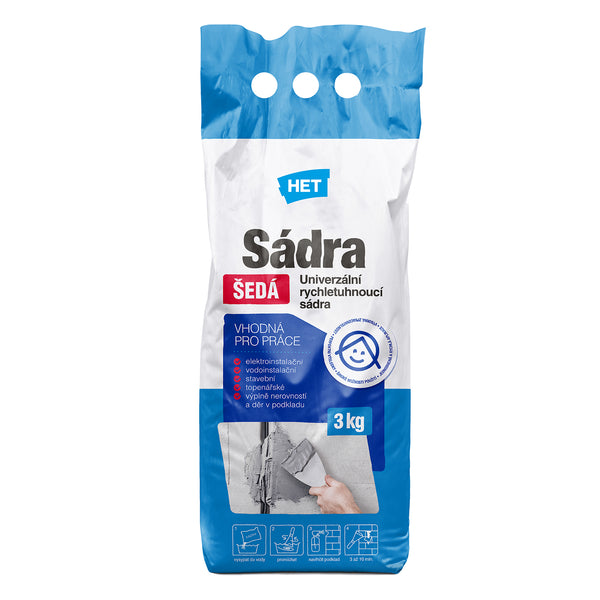 HET Sadra ŠEDÁ univerzálna stavebná sadra na stenu 3 kg
