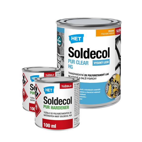 HET Soldecol PUR CLEAR HG transparentný 2K polyuretánový lesklý lak na kovové a nekovové povrchy - 0,7 l (0,5 l lak + 2x 100 ml tužidlo)