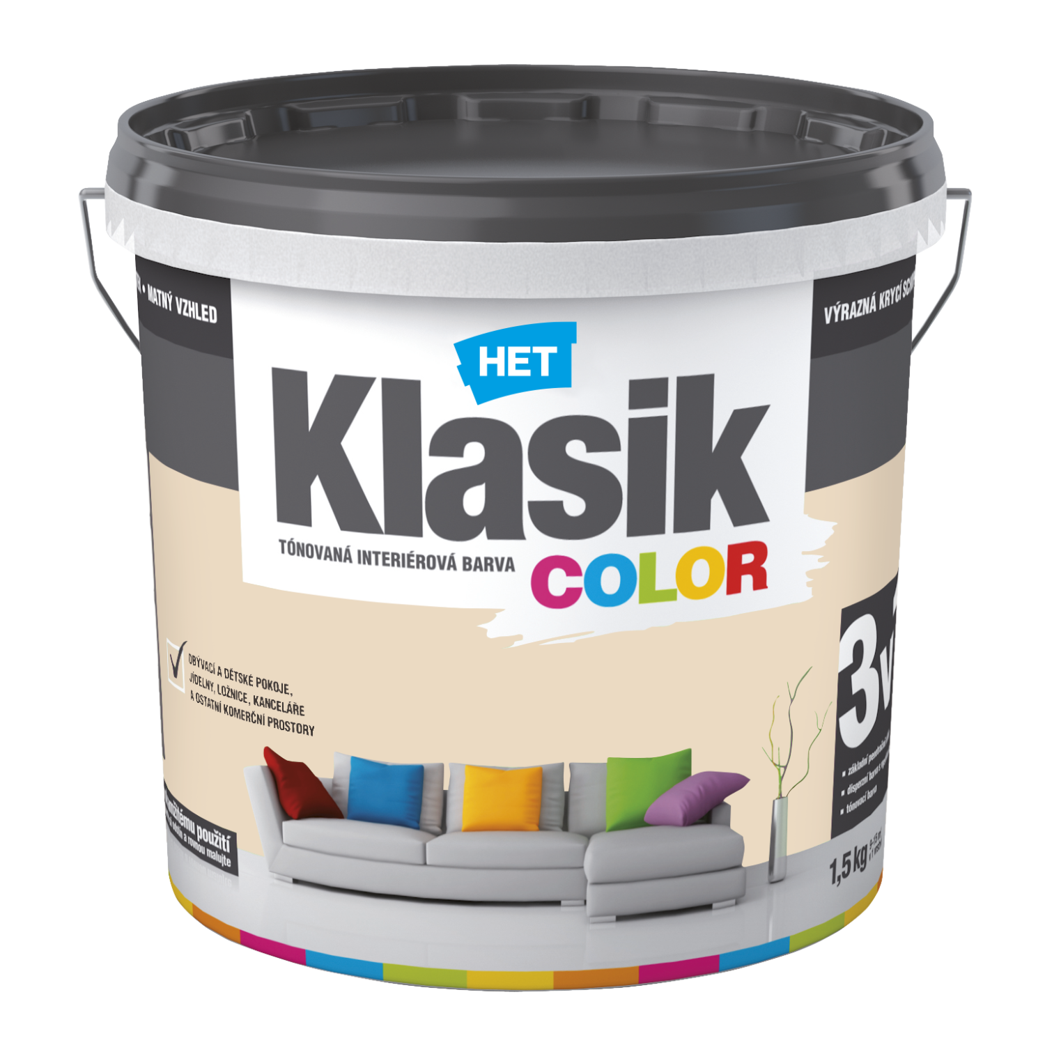 HET Klasik COLOR tónovaná interiérová akrylátová disperzná oteruvzdorná farba 1,5 kg, KC0167 - šedý betónový