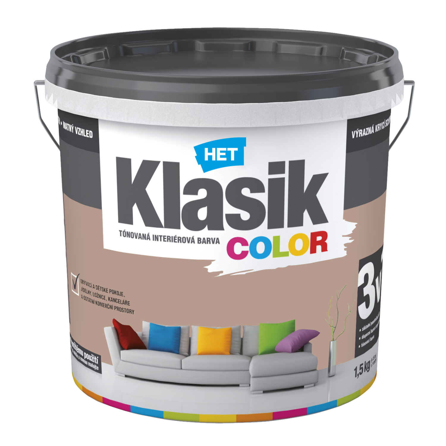 HET Klasik COLOR tónovaná interiérová akrylátová disperzná oteruvzdorná farba 1,5 kg, KC0257 - hnedý orechový