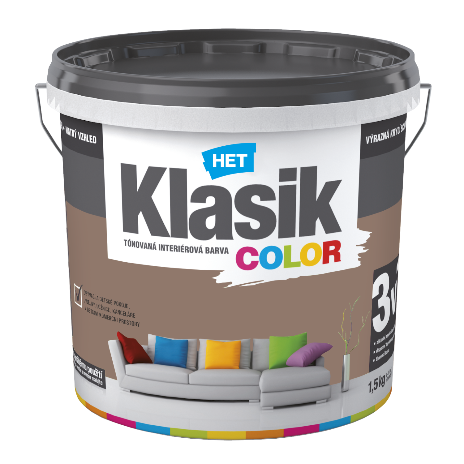 HET Klasik COLOR tónovaná interiérová akrylátová disperzná oteruvzdorná farba 1,5 kg, KC0297 - hnedý nugátový