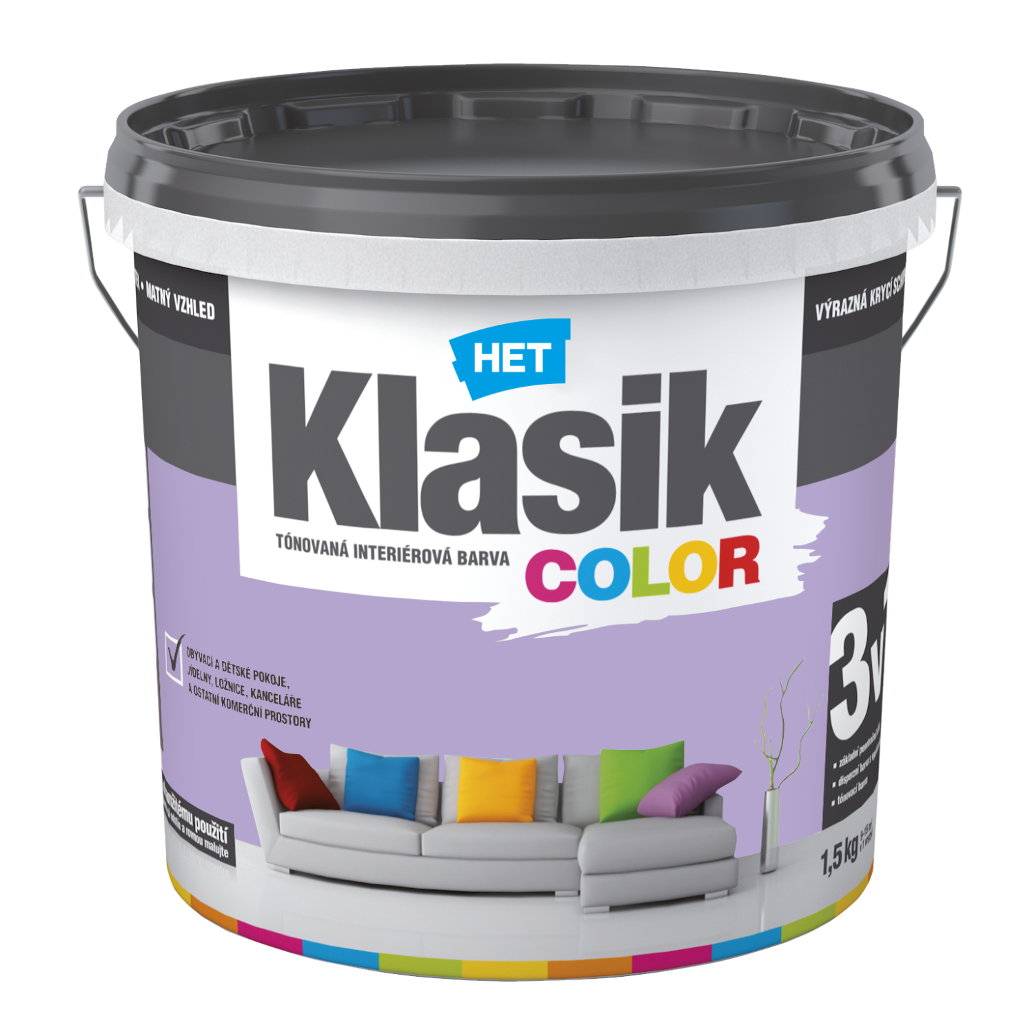 HET Klasik COLOR tónovaná interiérová akrylátová disperzná oteruvzdorná farba 1,5 kg, KC0327 - fialový lila
