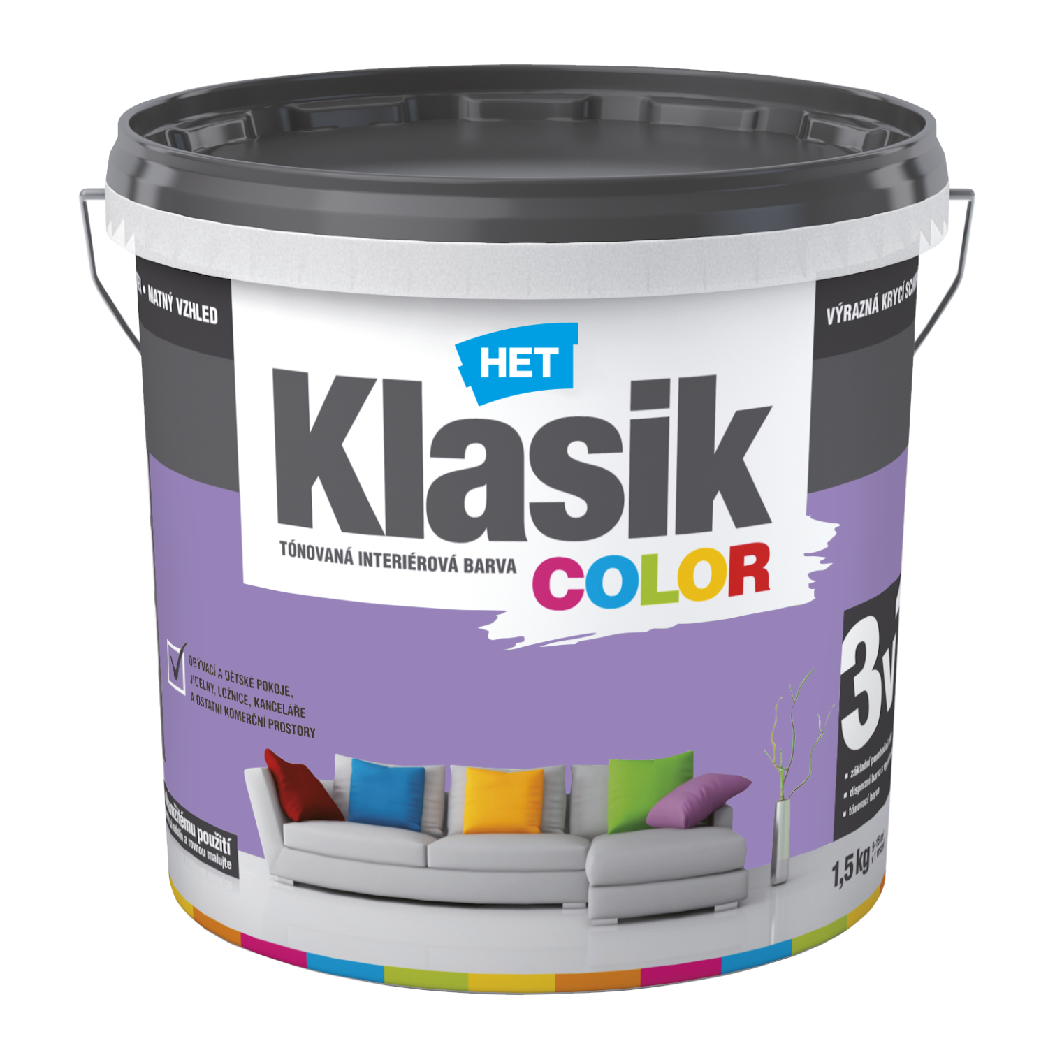 HET Klasik COLOR tónovaná interiérová akrylátová disperzná oteruvzdorná farba 1,5 kg, KC0327 - fialový lila