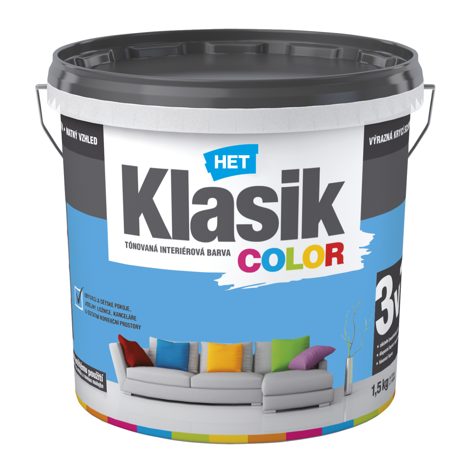 HET Klasik COLOR tónovaná interiérová akrylátová disperzná oteruvzdorná farba 1,5 kg, KC0407 - modrý blankytný