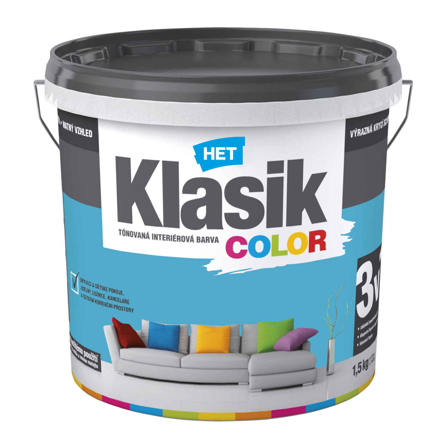 HET Klasik COLOR tónovaná interiérová akrylátová disperzná oteruvzdorná farba 1,5 kg, KC0487 - modrý tyrkysový