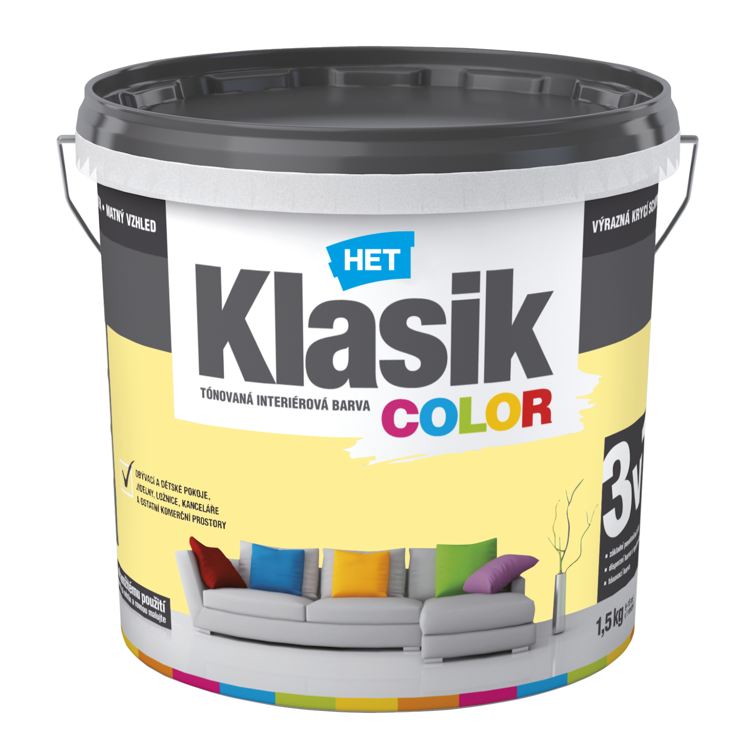 HET Klasik COLOR tónovaná interiérová akrylátová disperzná oteruvzdorná farba 1,5 kg, KC0597 - zelený limetkový