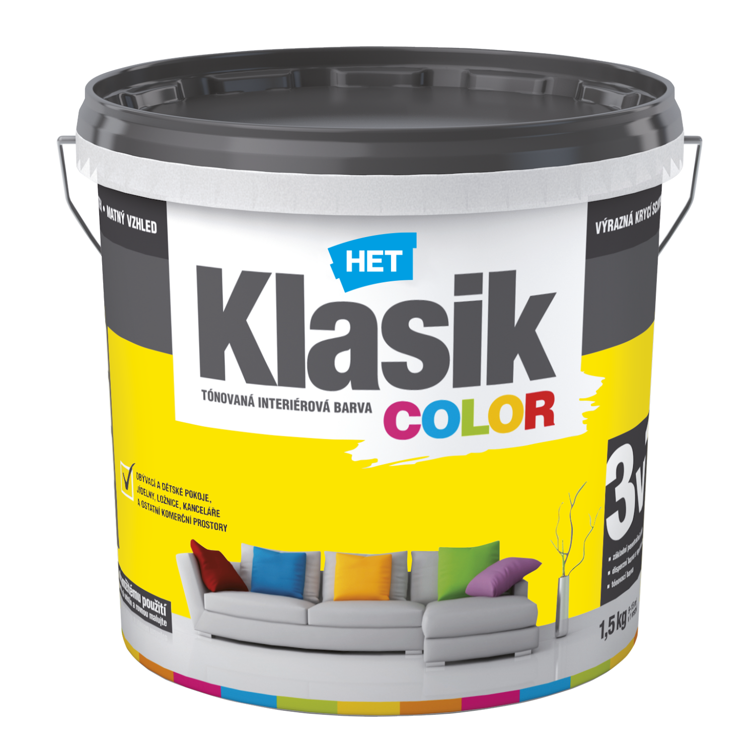 HET Klasik COLOR tónovaná interiérová akrylátová disperzná oteruvzdorná farba 1,5 kg, KC0618 - žltý citrónový