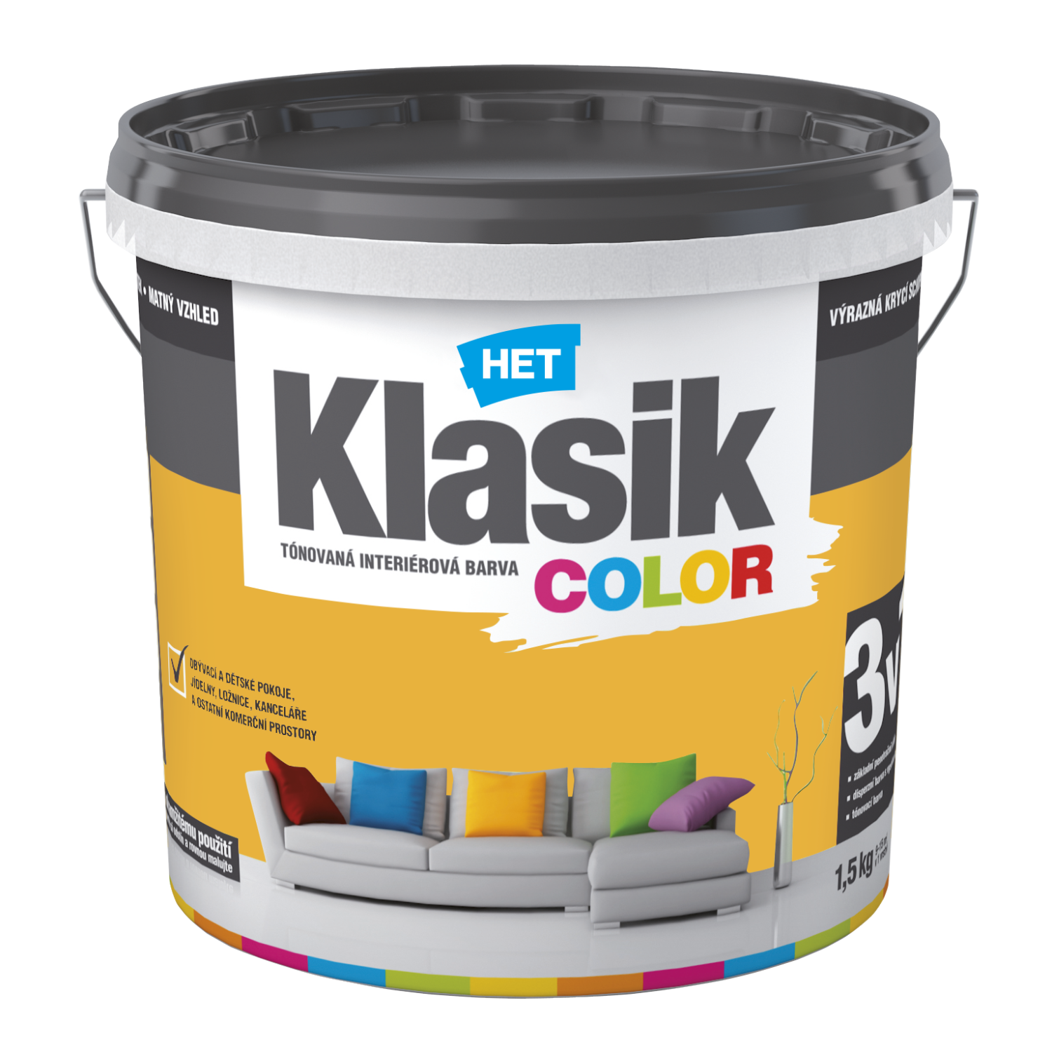 HET Klasik COLOR tónovaná interiérová akrylátová disperzná oteruvzdorná farba 1,5 kg, KC0628 - žltý púpavový