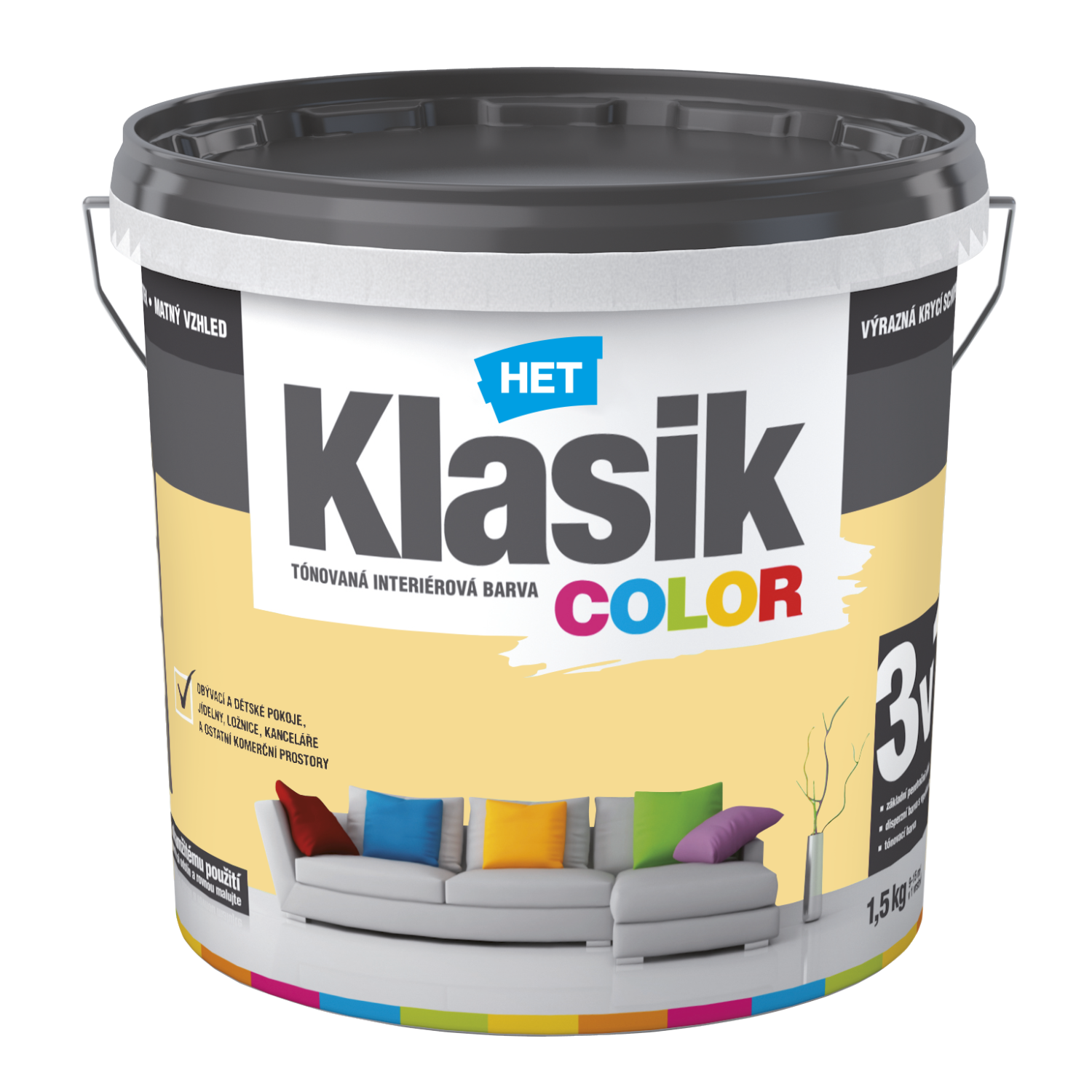 HET Klasik COLOR tónovaná interiérová akrylátová disperzná oteruvzdorná farba 1,5 kg, KC0628 - žltý púpavový