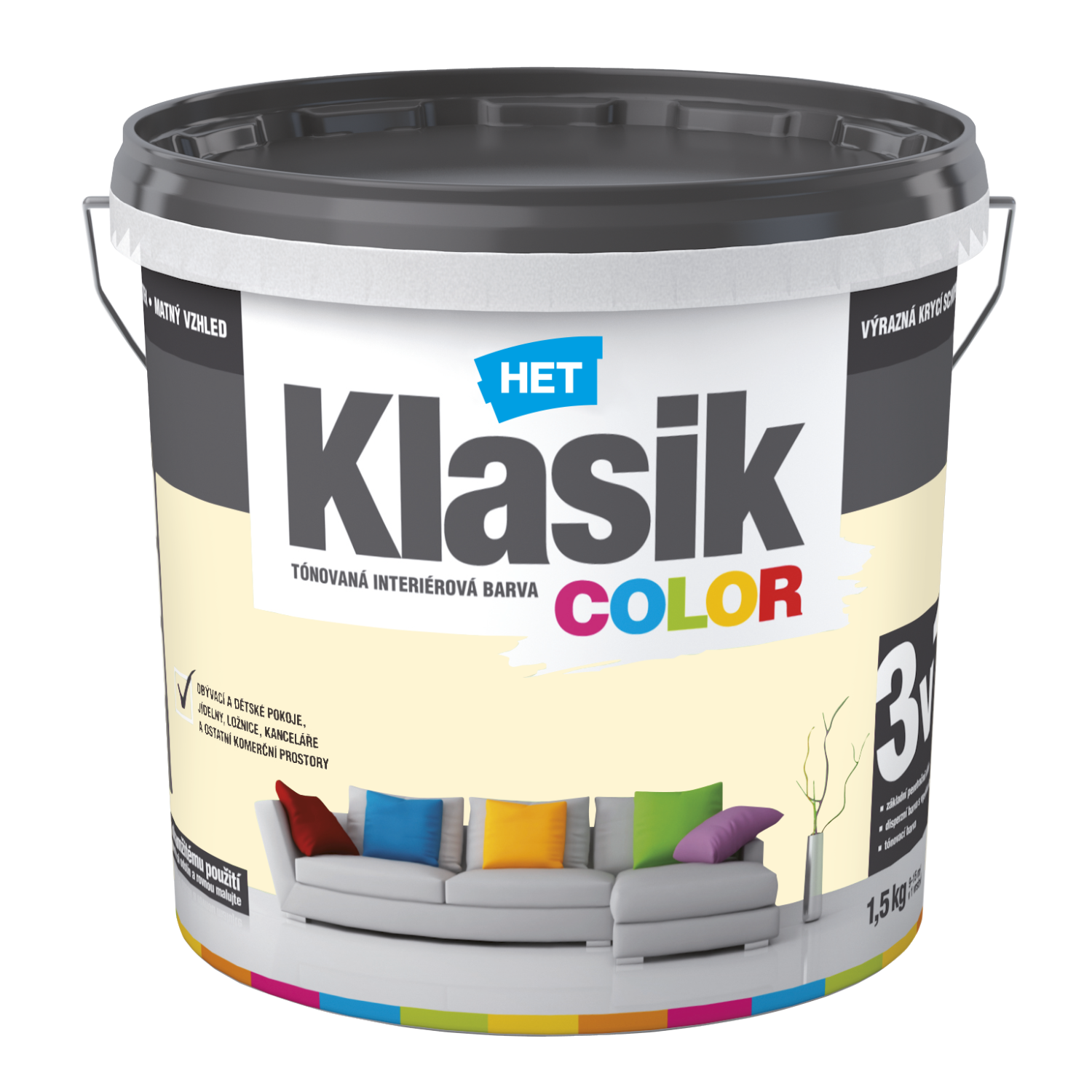 HET Klasik COLOR tónovaná interiérová akrylátová disperzná oteruvzdorná farba 1,5 kg, KC0667 - žltý vanilkový