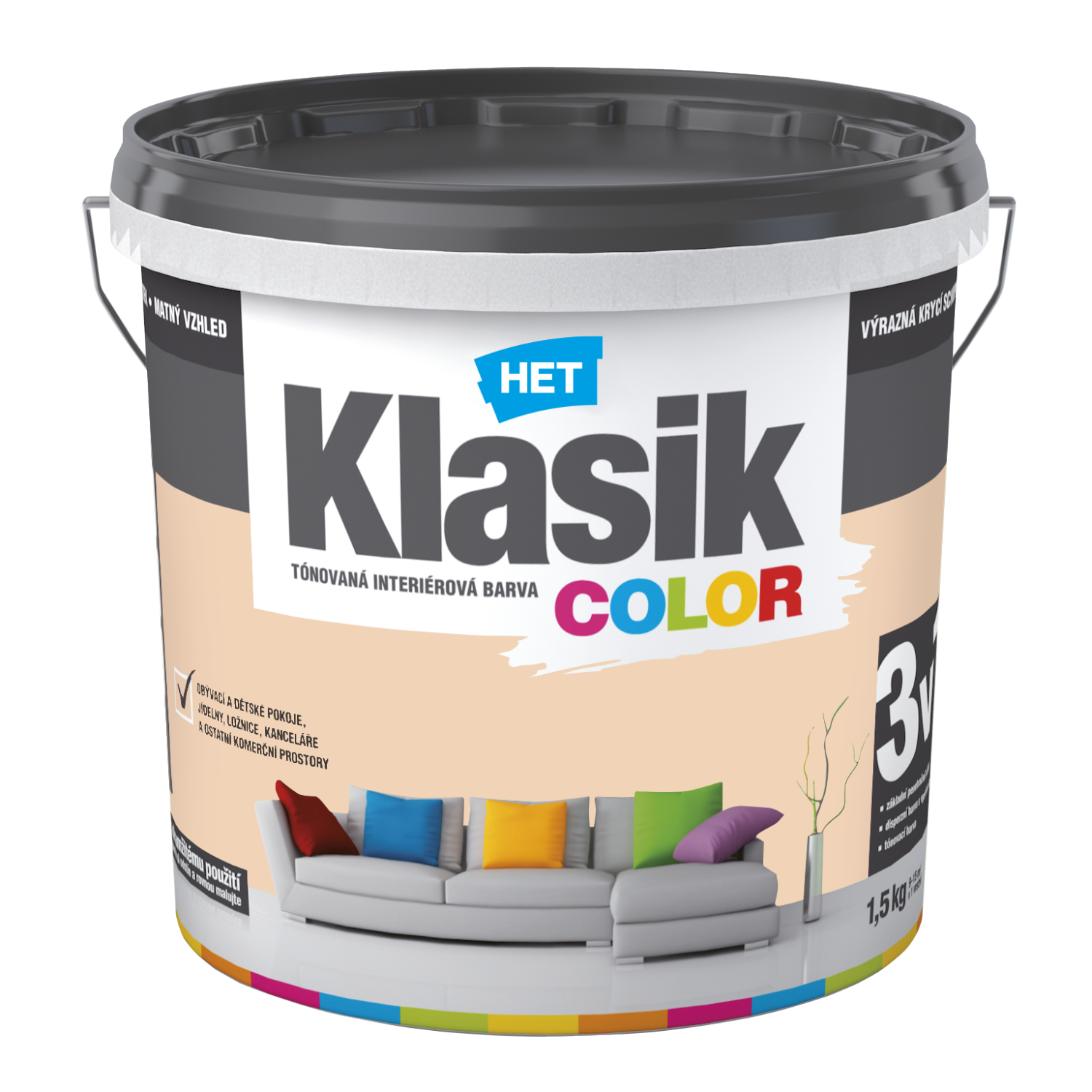 HET Klasik COLOR tónovaná interiérová akrylátová disperzná oteruvzdorná farba 1,5 kg, KC0728 - oranžový broskyňový