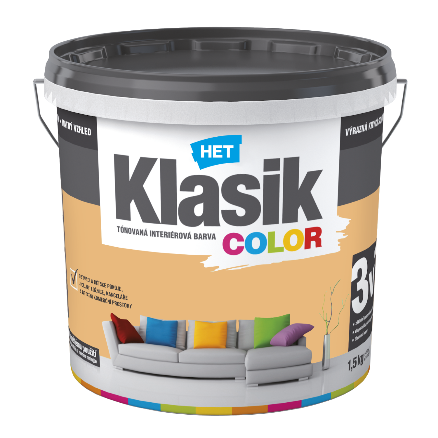 HET Klasik COLOR tónovaná interiérová akrylátová disperzná oteruvzdorná farba 1,5 kg, KC0777 - marhuľový