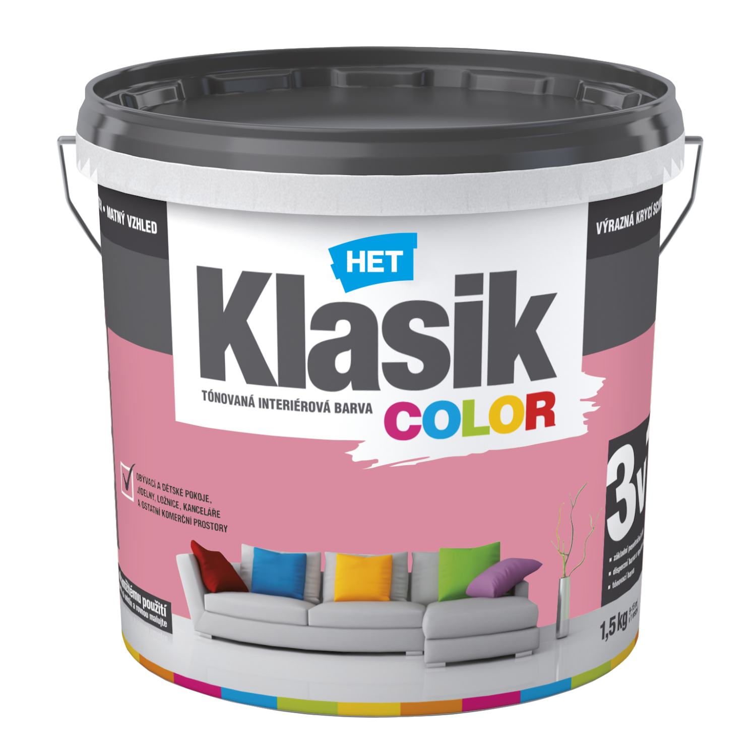 HET Klasik COLOR tónovaná interiérová akrylátová disperzná oteruvzdorná farba 1,5 kg, KC0837 - ružový
