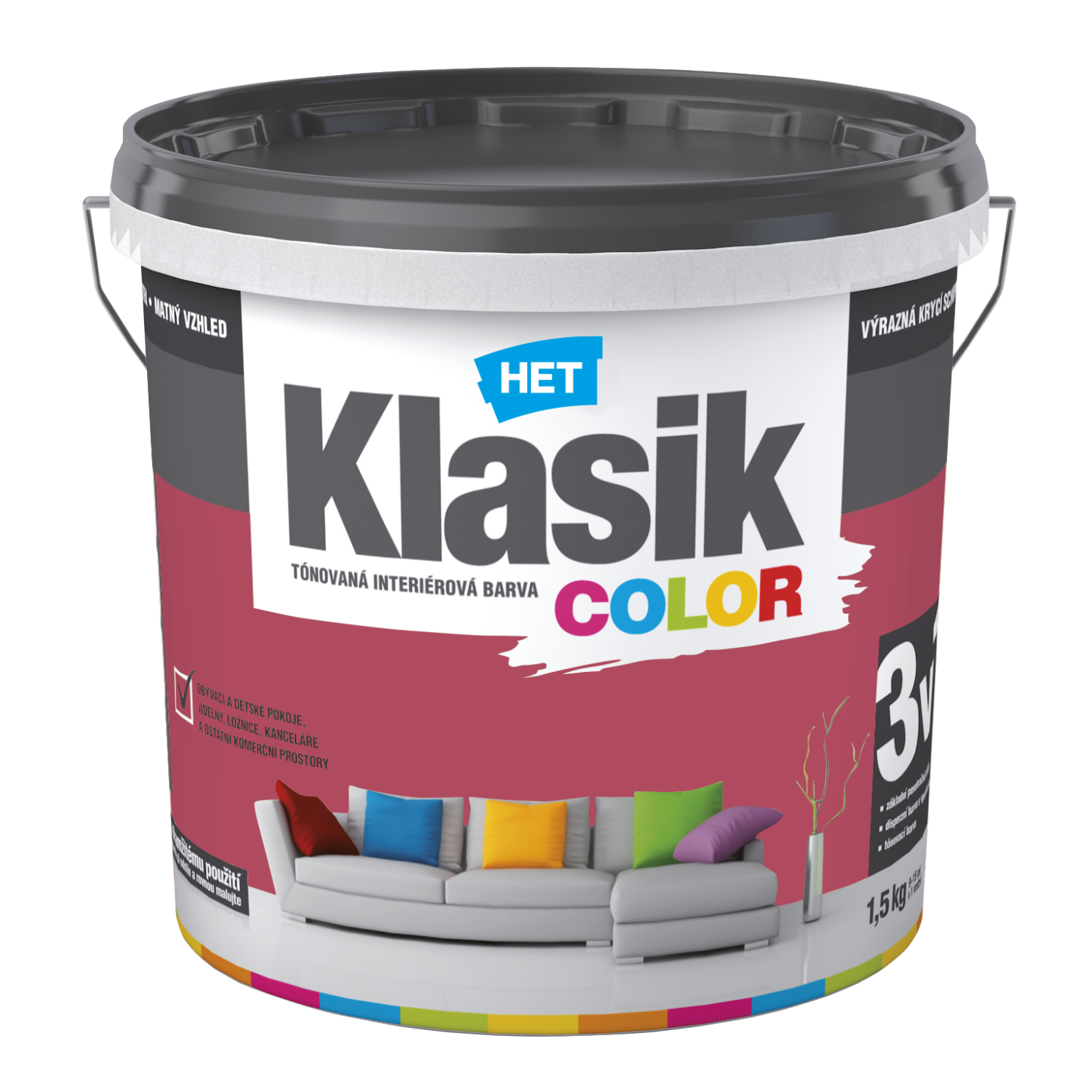 HET Klasik COLOR tónovaná interiérová akrylátová disperzná oteruvzdorná farba 1,5 kg, KC0837 - ružový