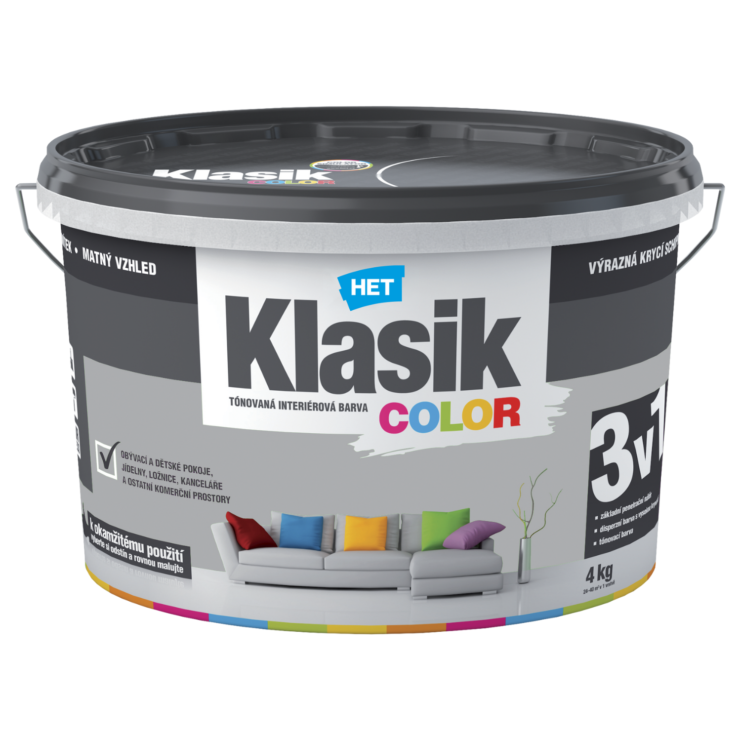 HET Klasik COLOR tónovaná interiérová akrylátová disperzná oteruvzdorná farba 4 kg, KC0117 - šedý platinový