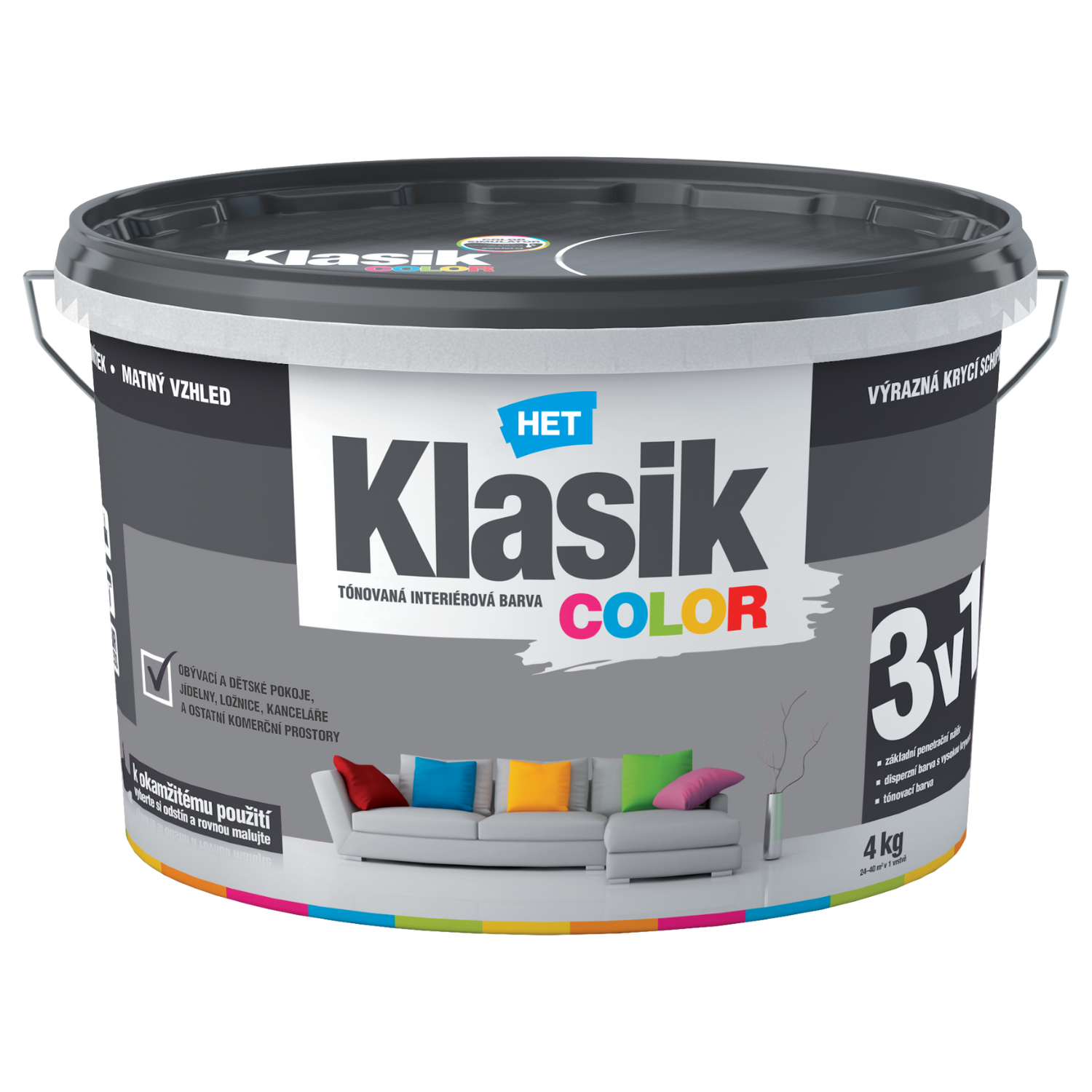 HET Klasik COLOR tónovaná interiérová akrylátová disperzná oteruvzdorná farba 4 kg, KC0167 - šedý betónový