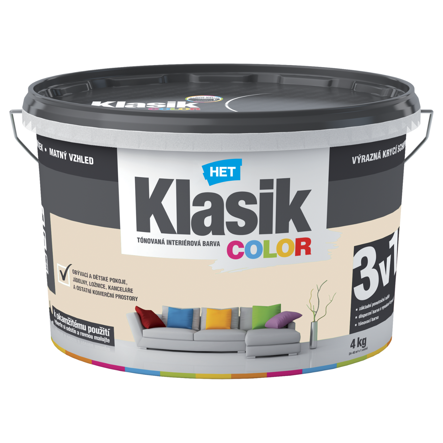 HET Klasik COLOR tónovaná interiérová akrylátová disperzná oteruvzdorná farba 4 kg, KC0167 - šedý betónový