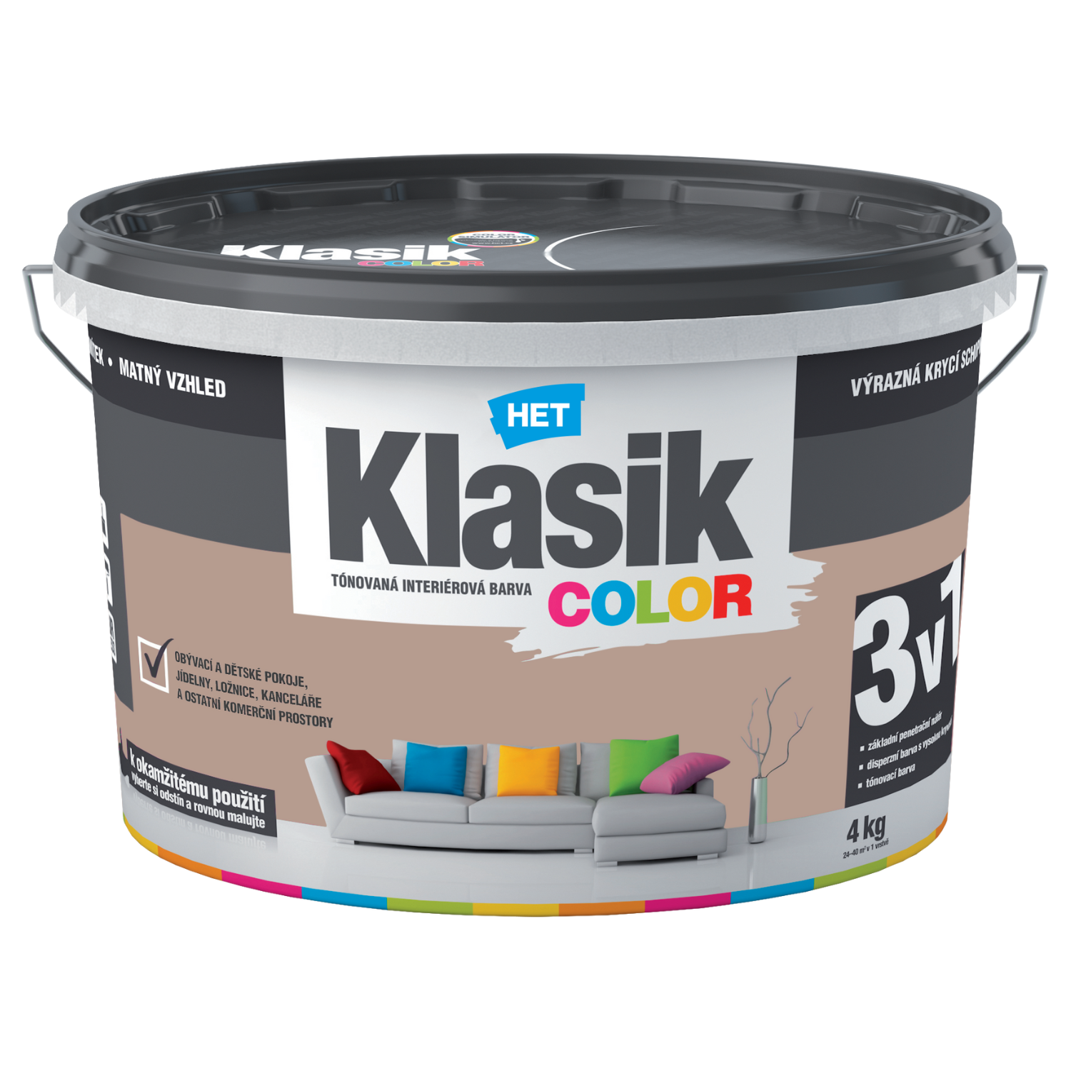 HET Klasik COLOR tónovaná interiérová akrylátová disperzná oteruvzdorná farba 4 kg, KC0257 - hnedý orechový