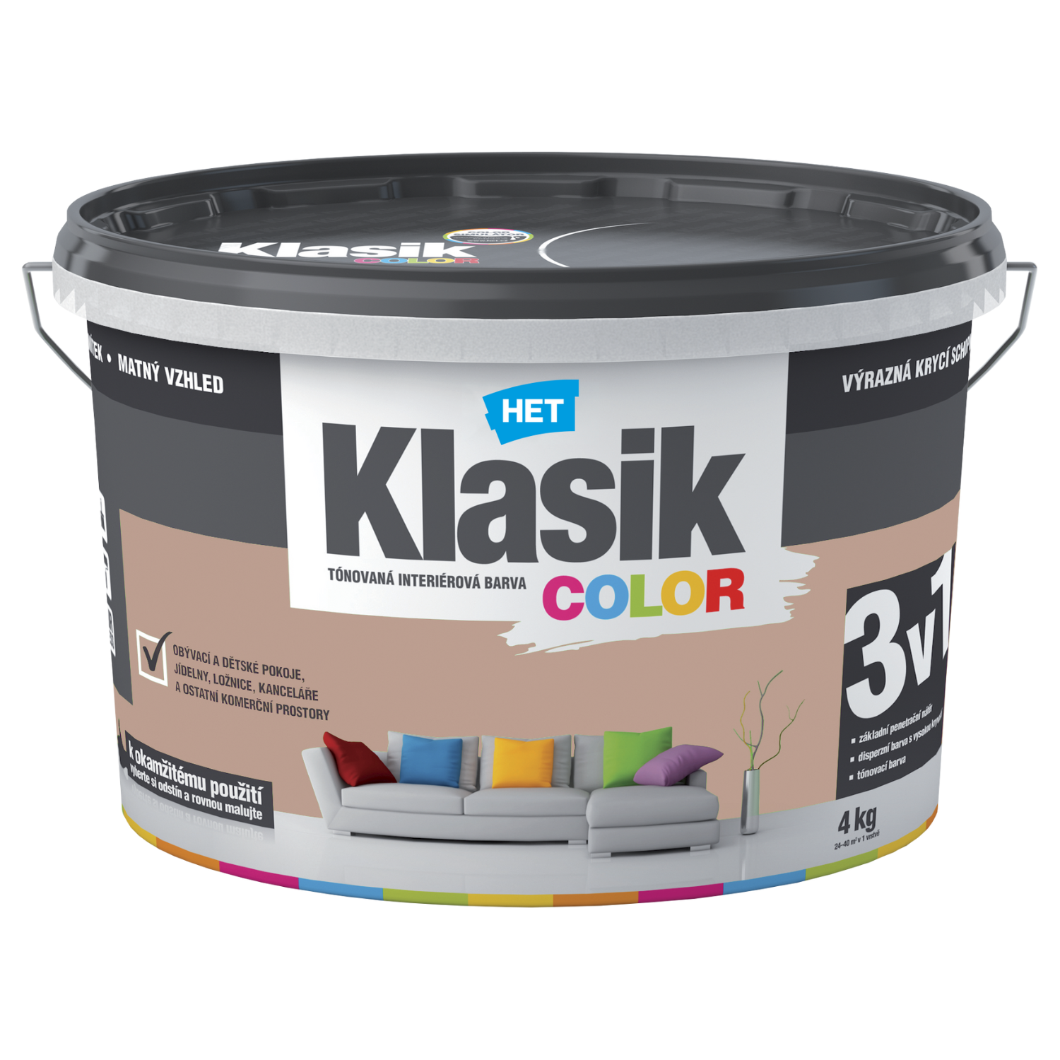 HET Klasik COLOR tónovaná interiérová akrylátová disperzná oteruvzdorná farba 4 kg, KC0257 - hnedý orechový