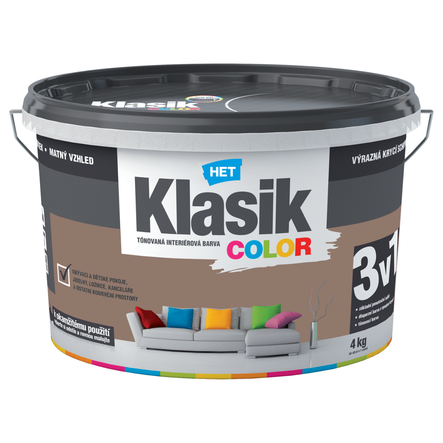 HET Klasik COLOR tónovaná interiérová akrylátová disperzná oteruvzdorná farba 4 kg, KC0277 - hnedý čokoládový