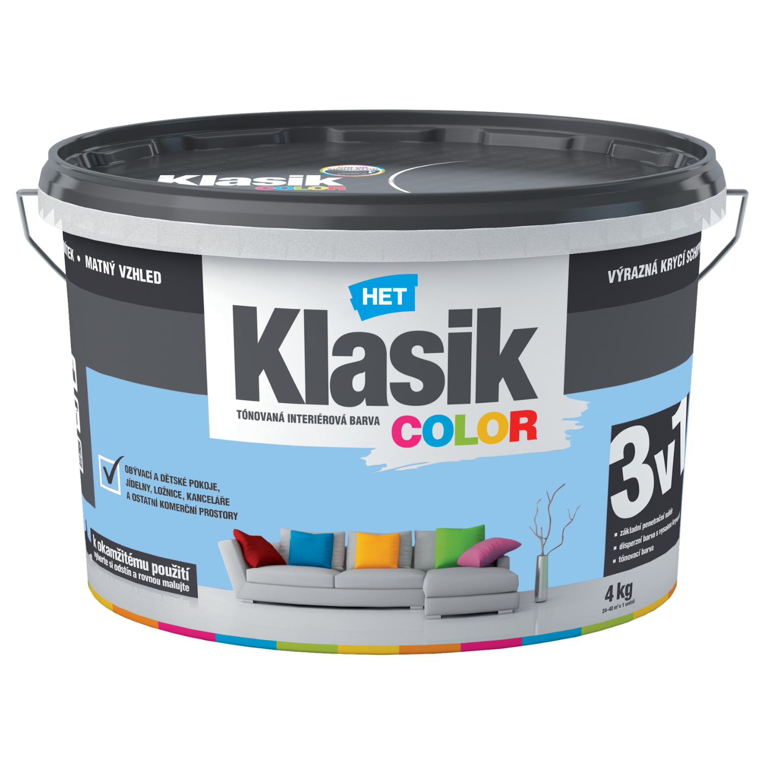 HET Klasik COLOR tónovaná interiérová akrylátová disperzná oteruvzdorná farba 4 kg, KC0407 - modrý blankytný
