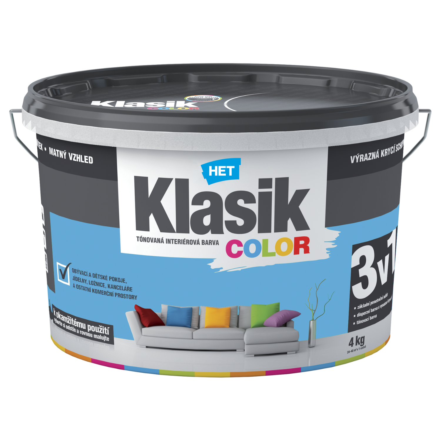 HET Klasik COLOR tónovaná interiérová akrylátová disperzná oteruvzdorná farba 4 kg, KC0417 - modrý azúrový