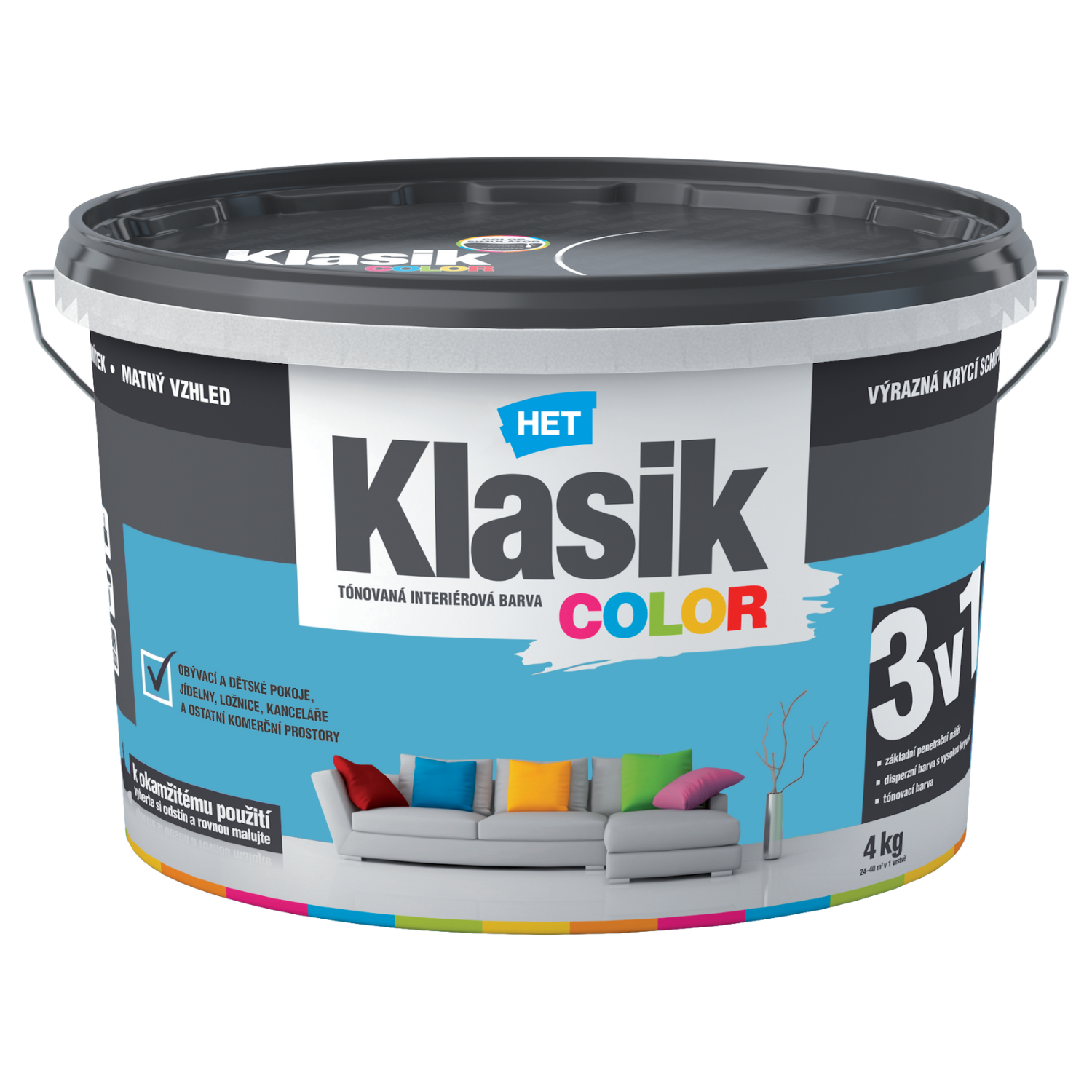 HET Klasik COLOR tónovaná interiérová akrylátová disperzná oteruvzdorná farba 4 kg, KC0417 - modrý azúrový