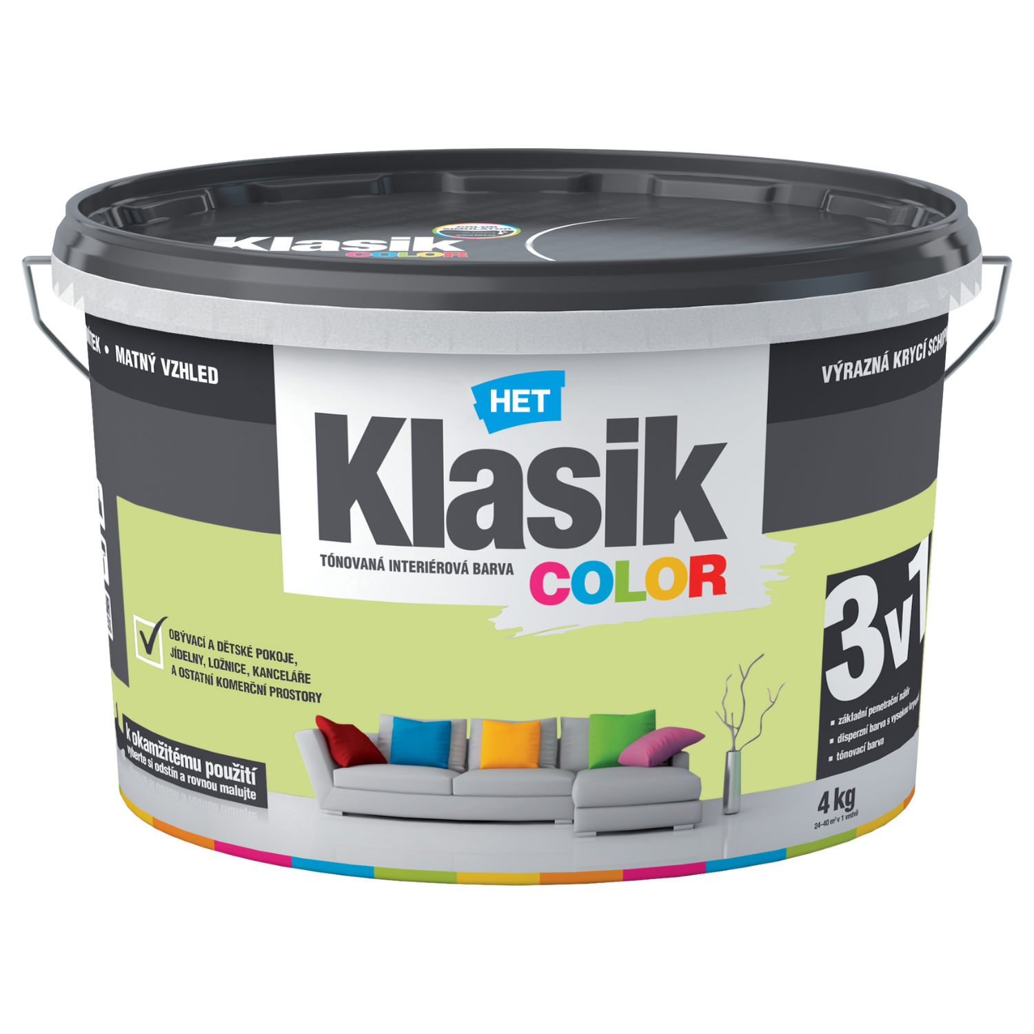 HET Klasik COLOR tónovaná interiérová akrylátová disperzná oteruvzdorná farba 4 kg, KC0487 - modrý tyrkysový