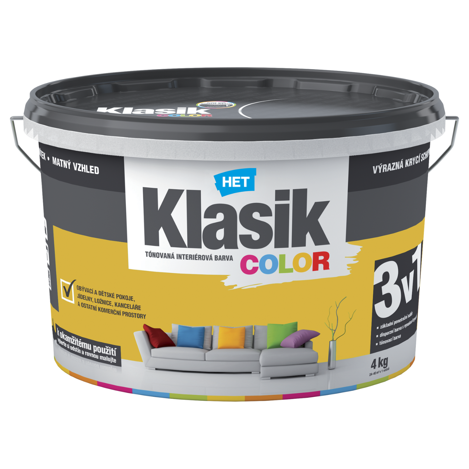 HET Klasik COLOR tónovaná interiérová akrylátová disperzná oteruvzdorná farba 4 kg, KC0628 - žltý púpavový