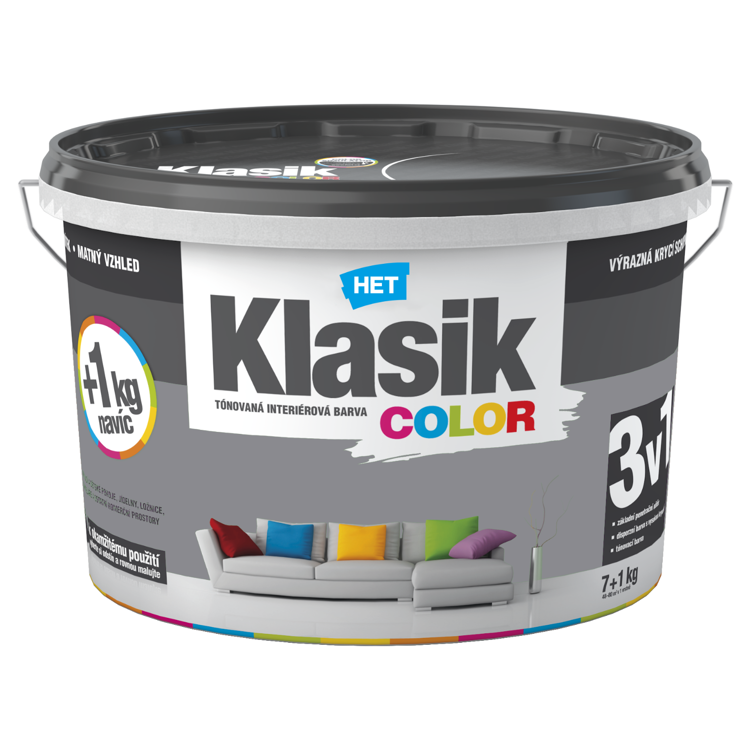 HET Klasik COLOR tónovaná interiérová akrylátová disperzná oteruvzdorná farba 7 kg + 1 kg zdarma, KC0147 - šedý bridlicový