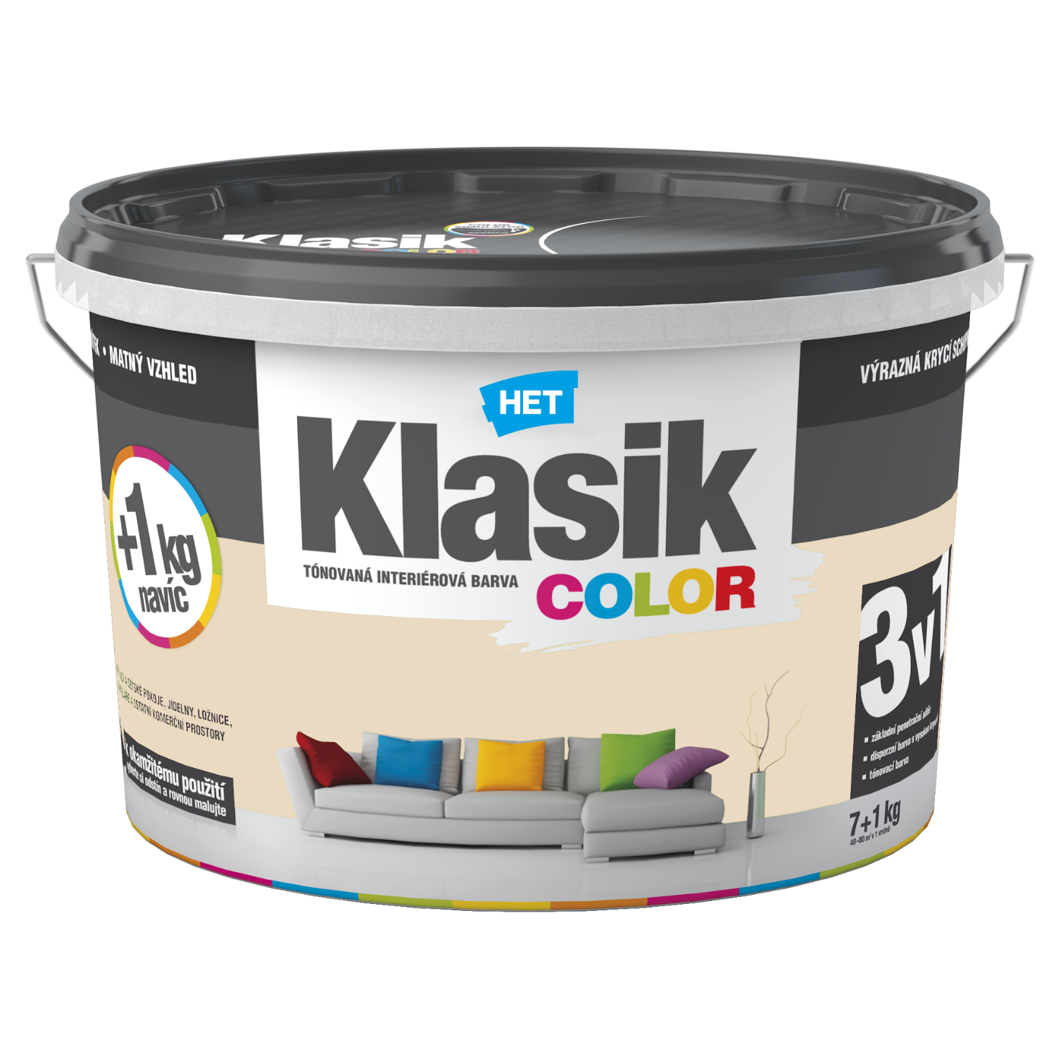 HET Klasik COLOR tónovaná interiérová akrylátová disperzná oteruvzdorná farba 7 kg + 1 kg zdarma, KC0167 - šedý betónový