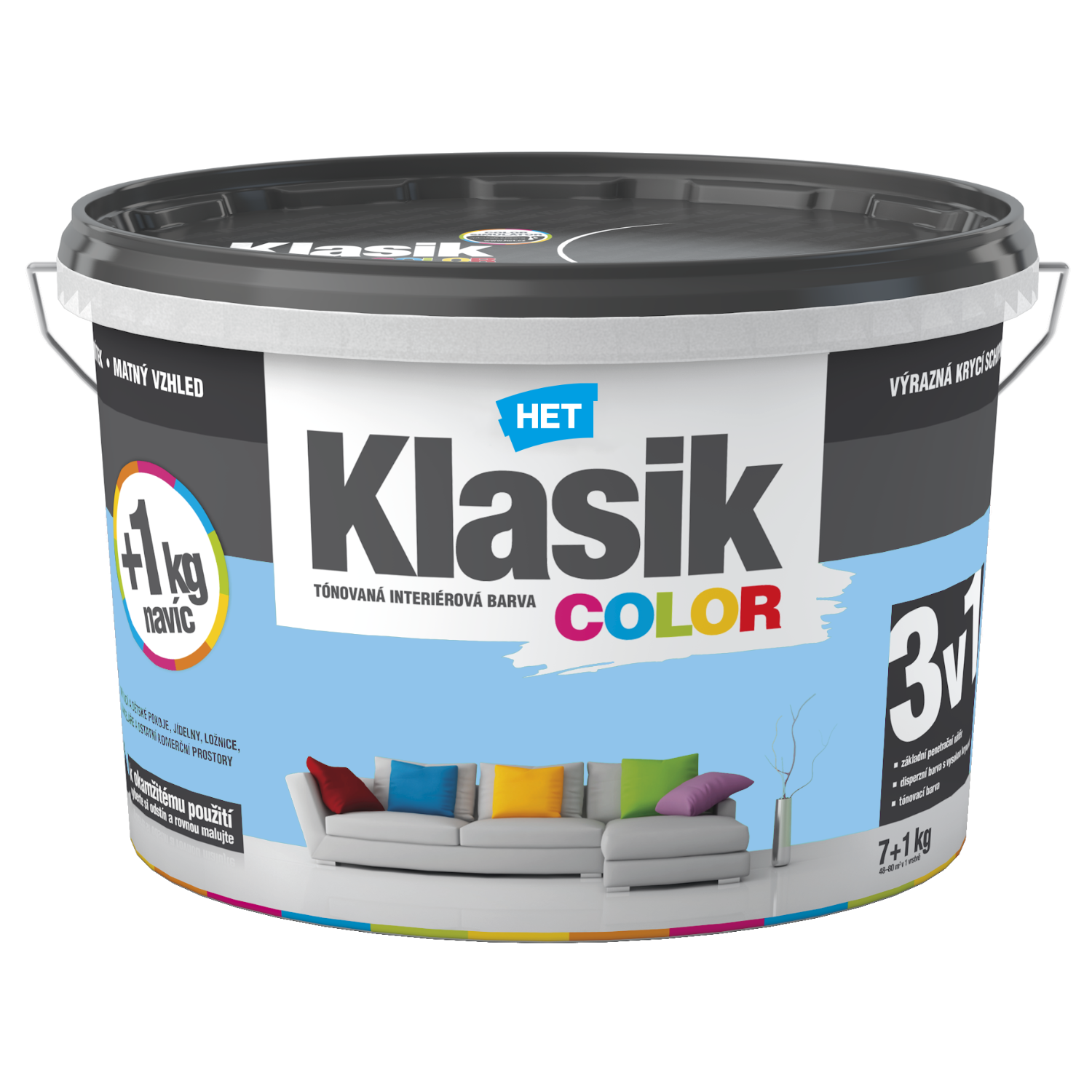 HET Klasik COLOR tónovaná interiérová akrylátová disperzná oteruvzdorná farba 7 kg + 1 kg zdarma, KC0407 - modrý blankytný