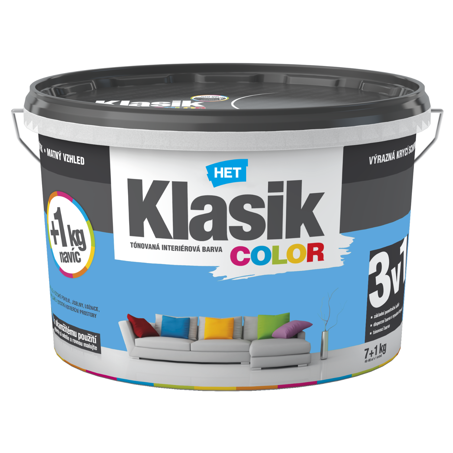 HET Klasik COLOR tónovaná interiérová akrylátová disperzná oteruvzdorná farba 7 kg + 1 kg zdarma, KC0407 - modrý blankytný