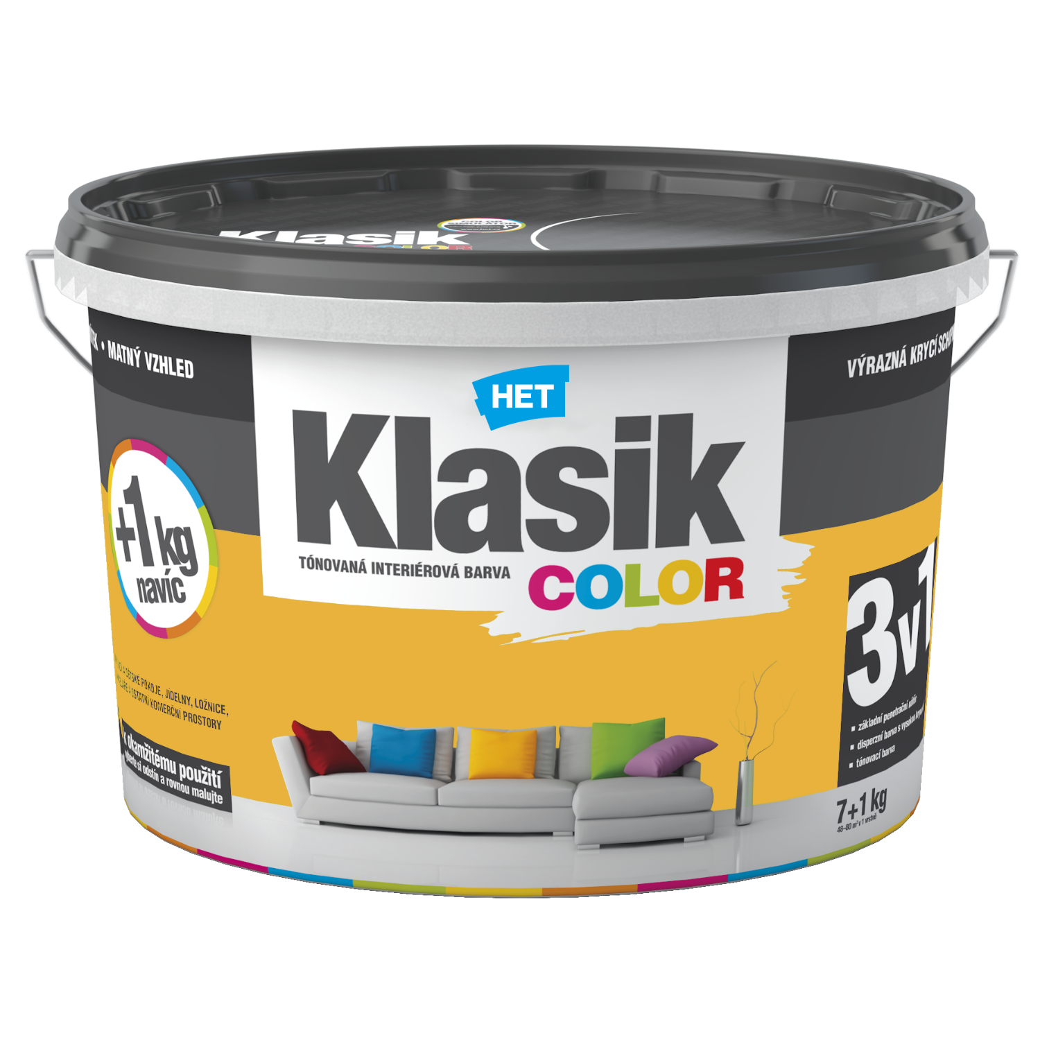 HET Klasik COLOR tónovaná interiérová akrylátová disperzná oteruvzdorná farba 7 kg + 1 kg zdarma, KC0628 - žltý púpavový