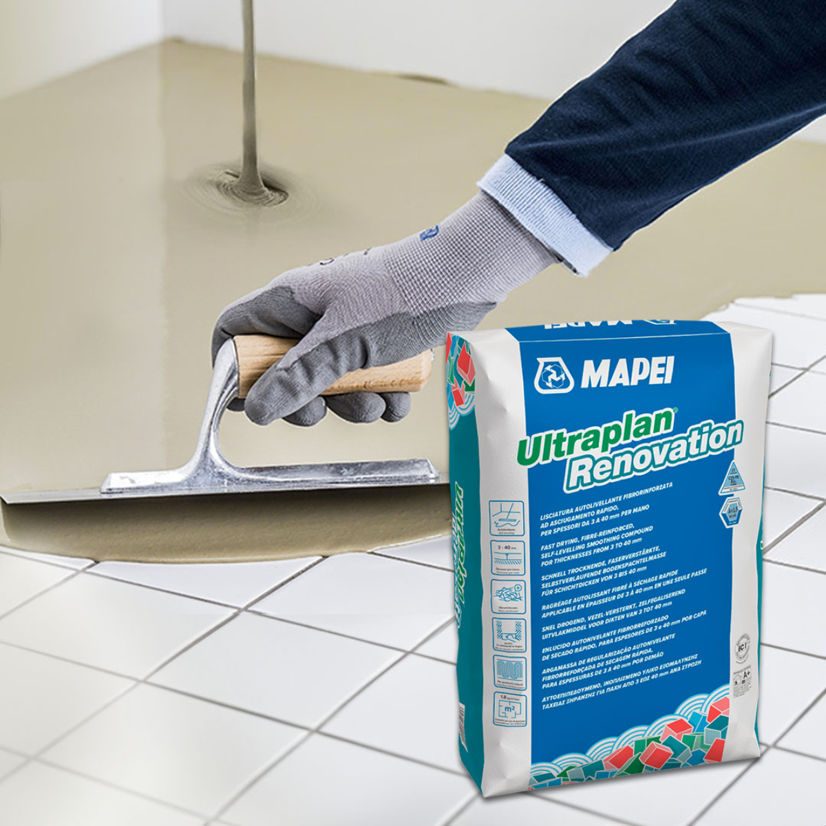 MAPEI Ultraplan Renovation samonivelizačná cementová malta na vyrovnanie podláh aplikácia