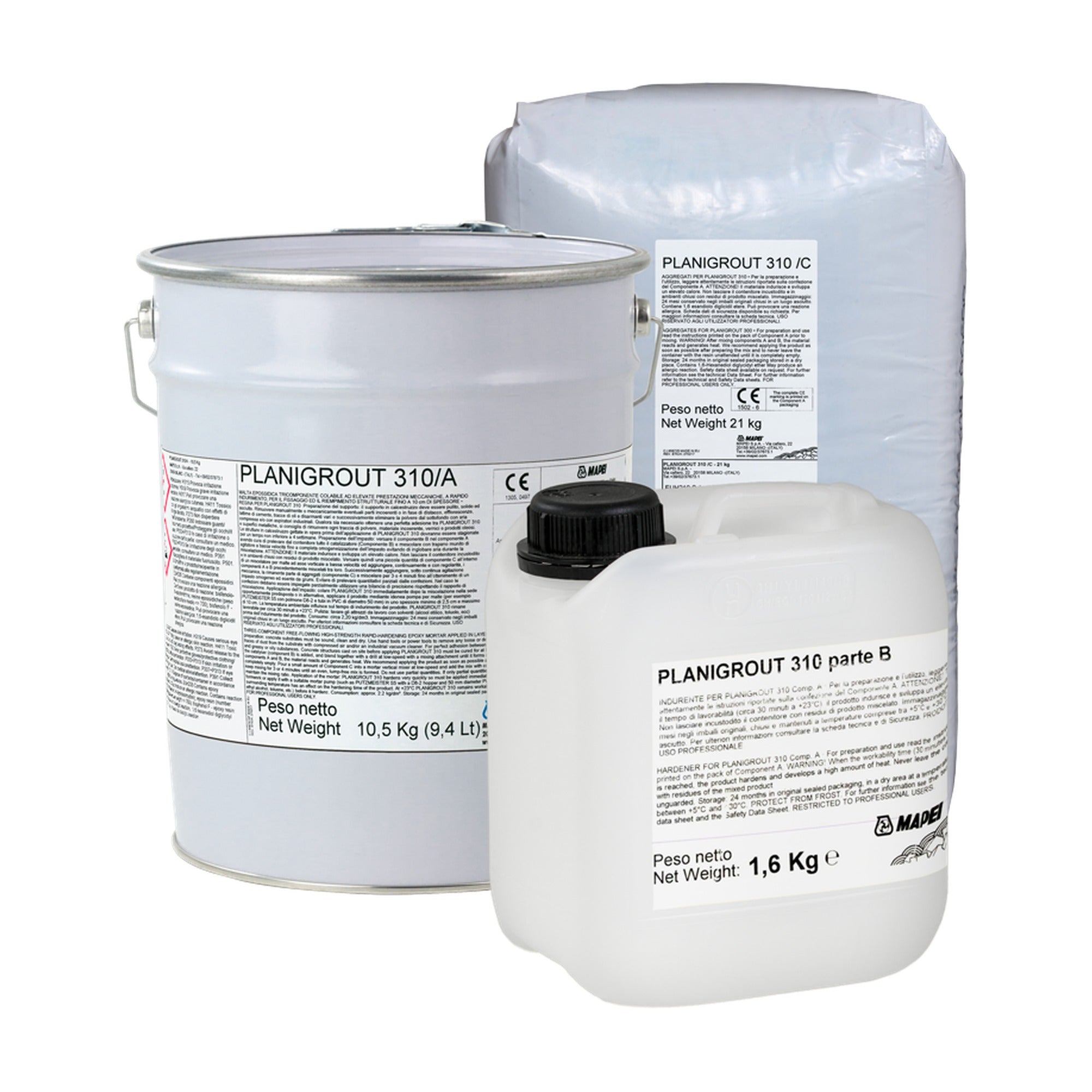 MAPEI Planigrout 310 trojzložková epoxidová malta na kotvenie a konštrukčnú výplň 96.1 kg (zložka A 10.5 kg + zložka B 1.6 kg + 4x zložka C 21 kg)